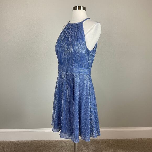 Betsy & Adam Metallic Halter Fit and Flare Mini Cocktail Dress Blue Size 12 - Picture 4 of 13